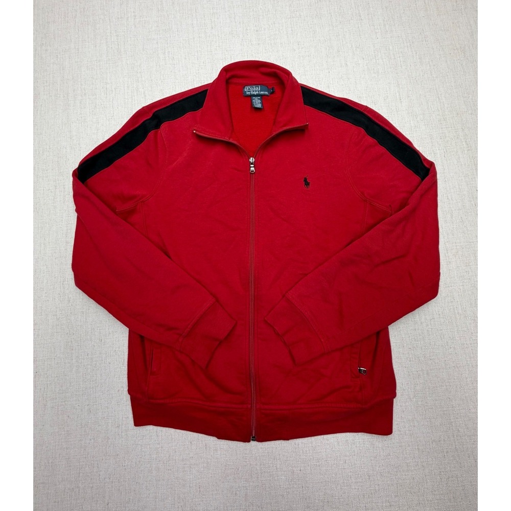 Polo Ralph Lauren Mens Red Black Stripe Full Zip Track Jacket Fleece Size L